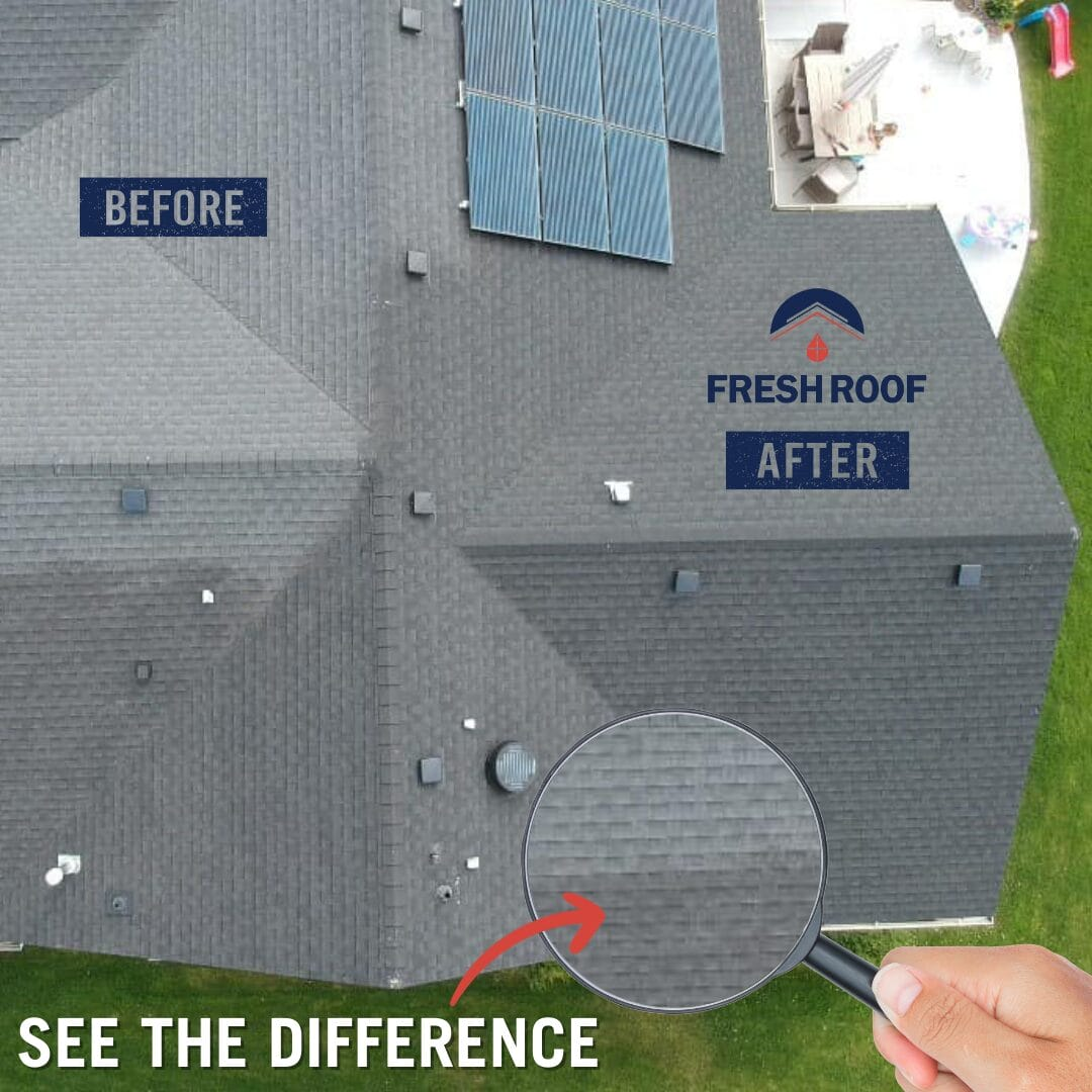 Aerial before and after roof rejuvenation comparison with magnified shingle detail